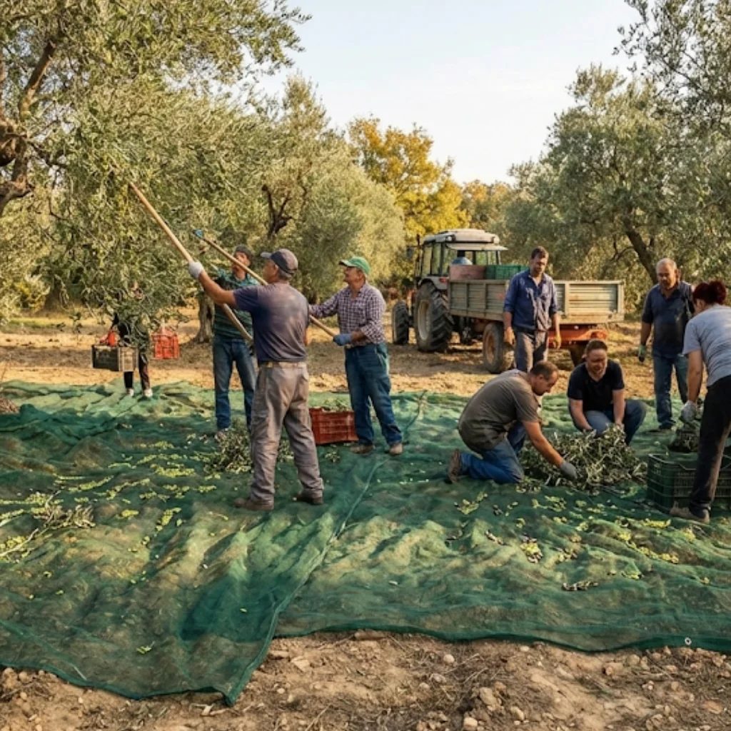 zeytin toplama filesi, hasat sırasında ağaç altına serilmiş file